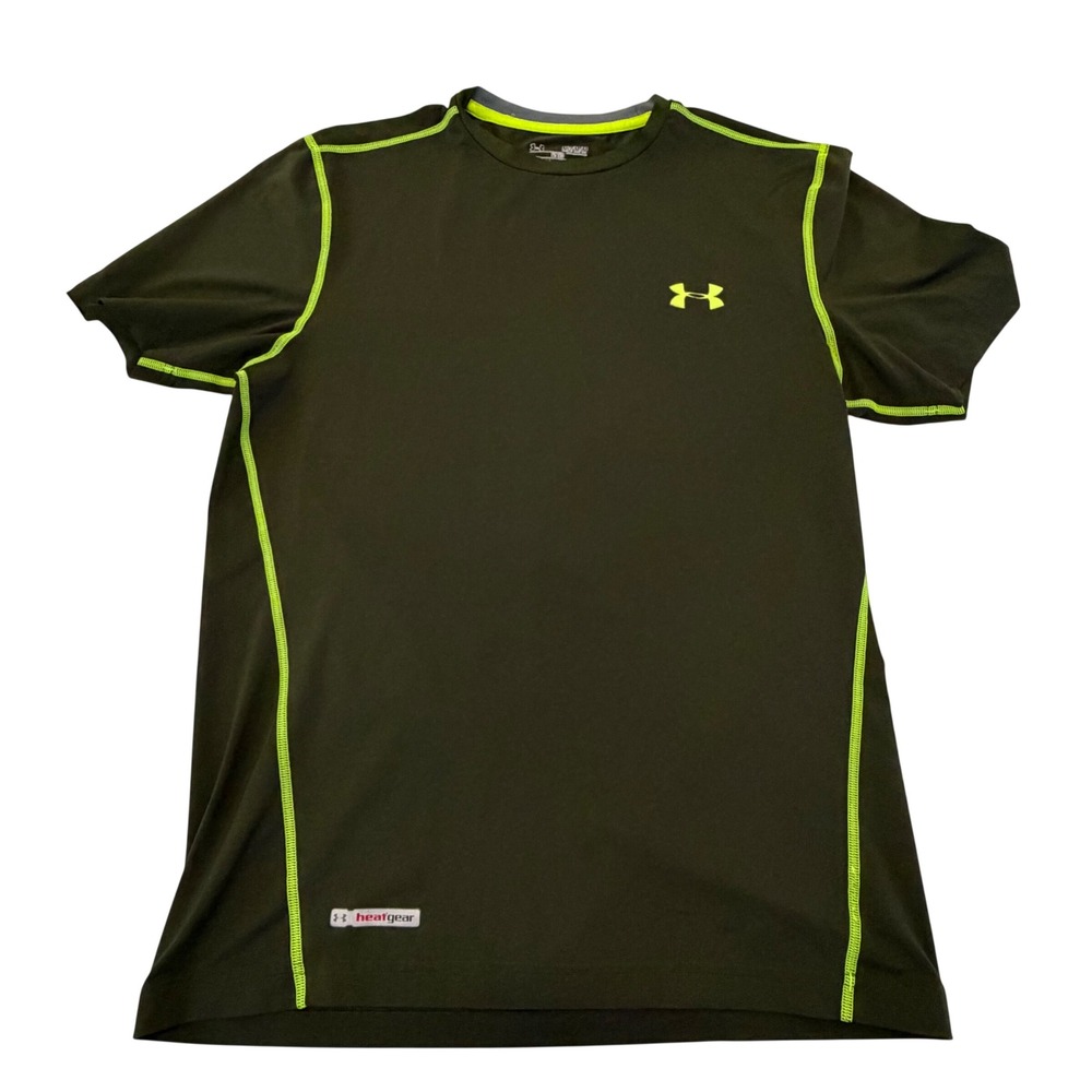 Under Armour HeatGear Fitted Shirt Mens Medium Olive Green Neon Yellow Athletic
